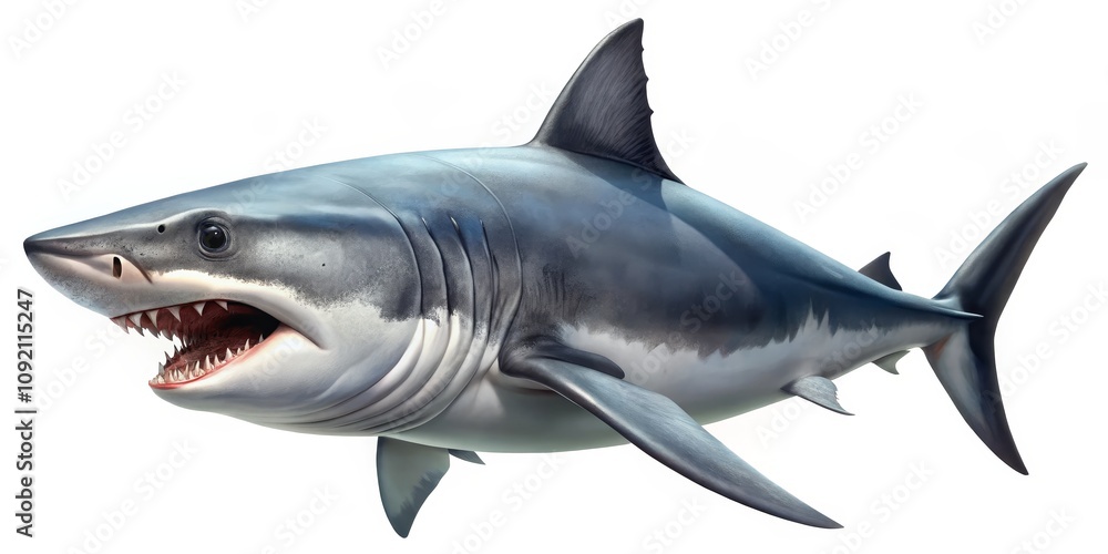 Obraz premium 3D Rendered Great White Shark with Open Mouth, Ocean Predator, Marine Life, White Background, Shark Attack ,Shark, Predator