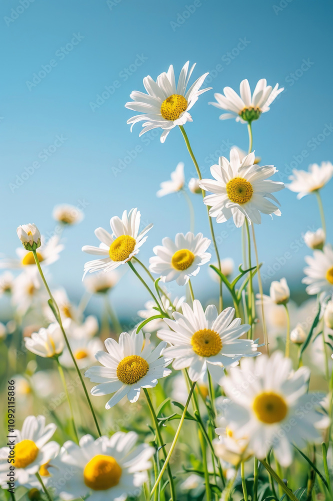 Fototapeta premium White daisies bloom under the sun, their white petals and green leaves against a clear sky.