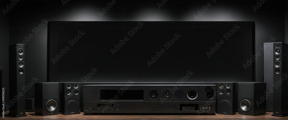 Fototapeta premium Modern home theater setup with speakers and sound system designed for immersive audio experiences.