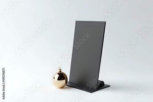 A minimalist white background with a black blank standing menu card and a single gold bauble photo