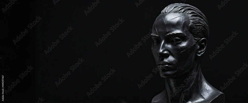 Striking black bust sculpture showcasing modern artistry and abstract human form against dark background. Striking black bust sculpture showcasing modern artistry and abstract human form against dark background.