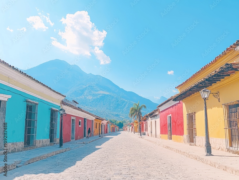 Fototapeta premium Colorful colonial buildings lining a cobblestone street with mountains in background.