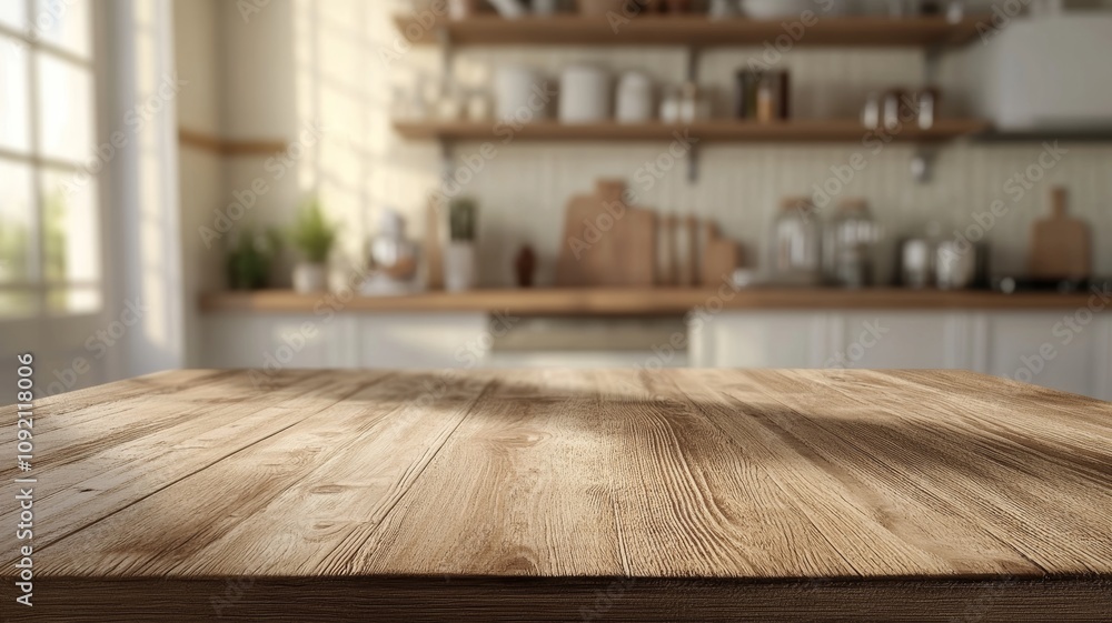 Rustic Wooden Tabletop in Blurred Kitchen Background Rustic Wooden Tabletop in Blurred Kitchen Background