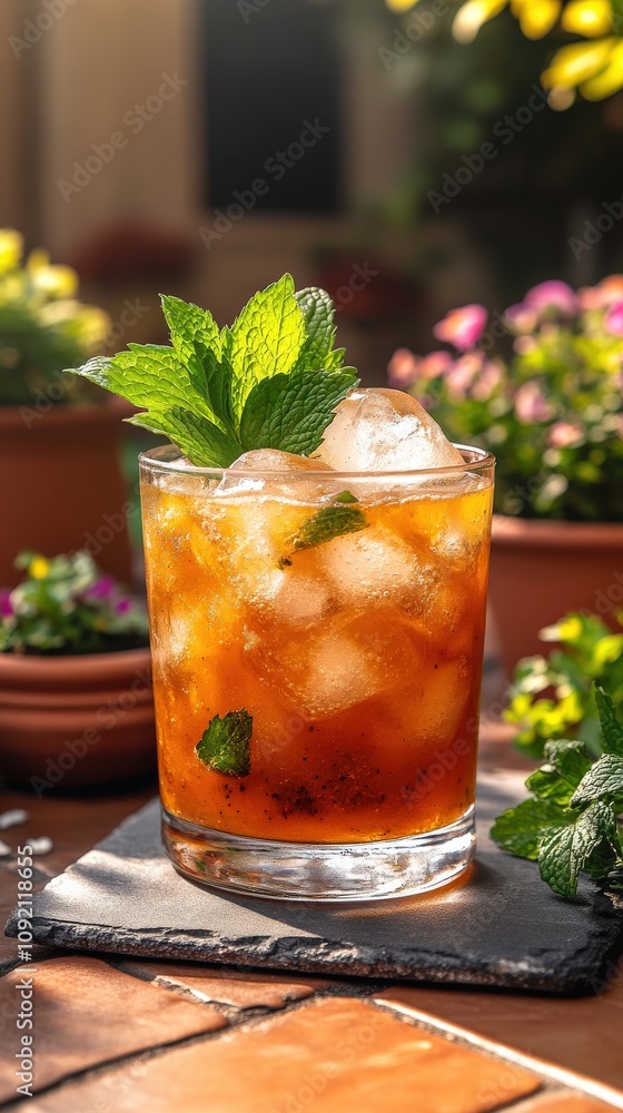 Refreshing Iced Mint Tea Garnished with Fresh Mint Leaves on Sunny Patio with Flower Pots, Perfect Summer Outdoor Beverage Scene in Natural Light Refreshing Iced Mint Tea Garnished with Fresh Mint Leaves on Sunny Patio with Flower Pots, Perfect Summer Outdoor Beverage Scene in Natural Light