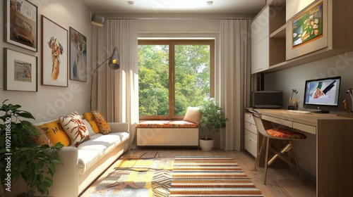 Wallpaper Mural Small space living room with smart furniture, bright decor, and a cozy ambiance Torontodigital.ca