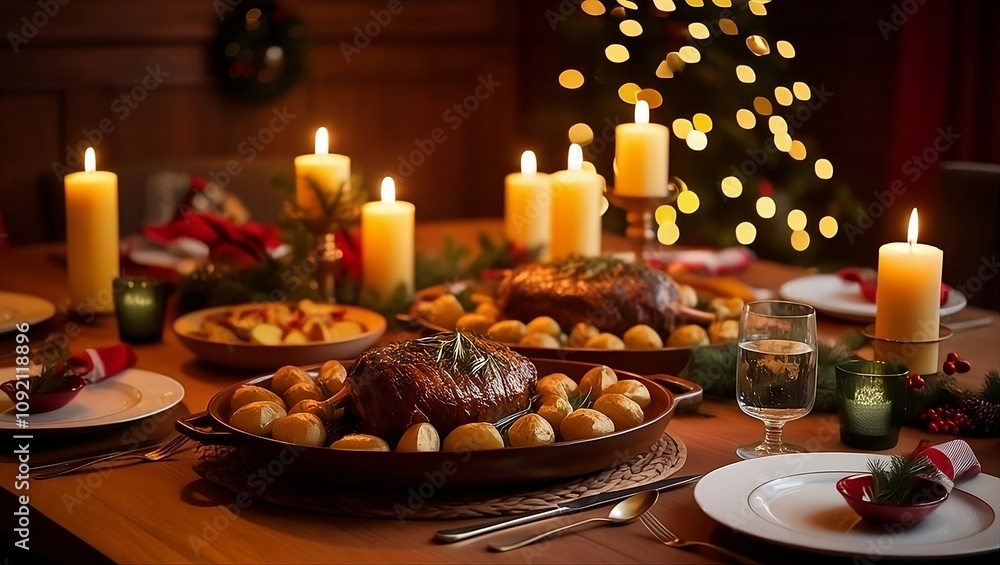 Obraz premium Christmas Feast with Roasted Meat, Potatoes, and Festive Decor Under Twinkling Tree Lights