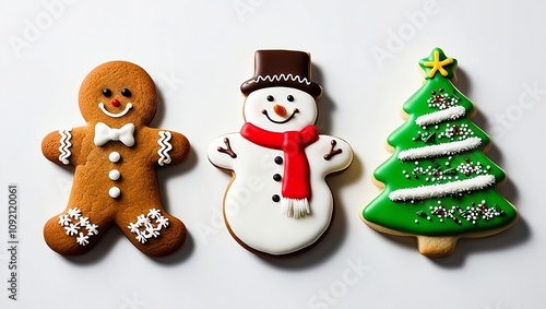 Festive Holiday Cookies: Gingerbread Man, Snowman, and Christmas Tree Decorated with Icing photo