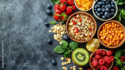 Wallpaper Mural Colorful assortment of fruits and oats in bowls on a dark surface. Torontodigital.ca