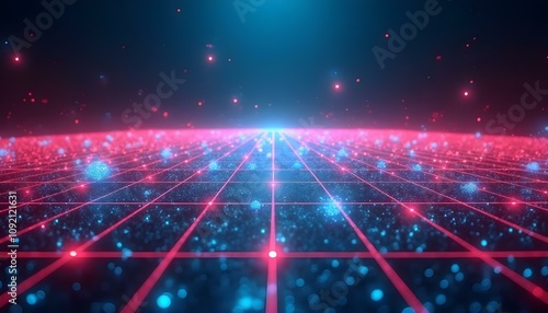 A glowing neon grid stretching into infinity, with holographic icons and digital waveforms floating above it. The grid pulses with energy, displaying futuristic elements like circuits and quantum dots