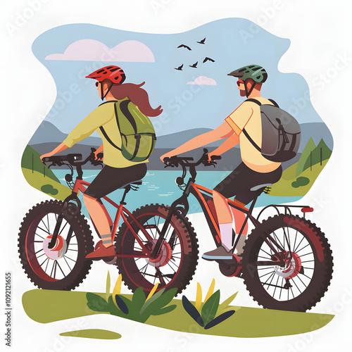 travellers couple going on e-bike ride in nature. tourist riding electric bicycles on easy trail road by lake. young tourist spending summer vacation oudoors with white shades, simple sty photo