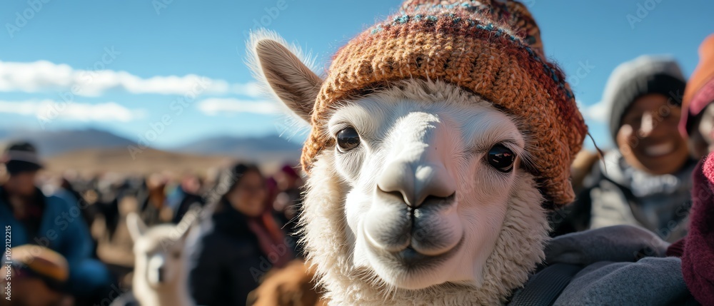 Naklejka premium A Peruvian festival with alpacas, woven garments, and Andean music