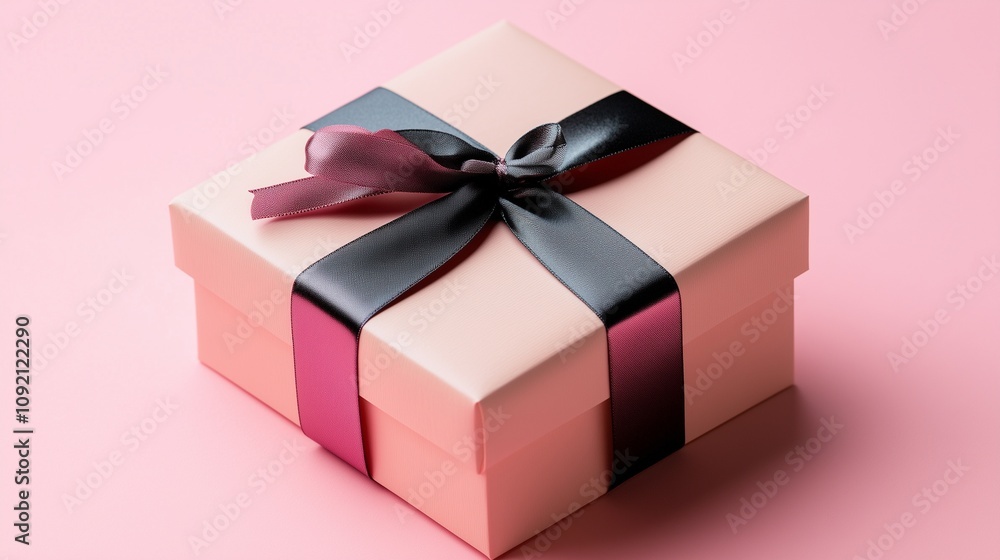 Fototapeta premium Square gift box wrapped in soft pink, accented with a dark pink ribbon, set on a pale pink background.