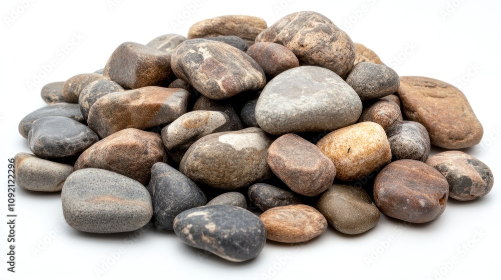 A pile of smooth, gray, brown and white river rocks isolated on a white background. A pile of smooth, gray, brown and white river rocks isolated on a white background.