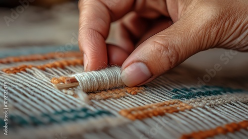 A Romanian traditional weaving workshop with colorful textiles photo