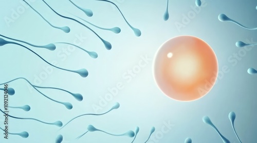 Illustration of the fertilization process with a single egg cell surrounded by sperm cells, featuring a soft glowing outline and clean, scientific style. photo