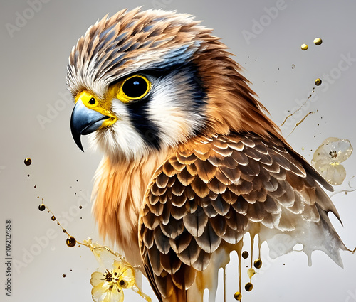 A hyper-realistic 3D alcohol ink artwork of a mysterious majestic kestrel head in side profile. The artwork has vibrant, splashy colors that blend seamlessly to capture the essence of this enchanting  photo