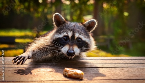 Cheeky Raccoon Reaching for Food on a Picnic Table with Mischievous Eyes Sparkling with Curiosity
