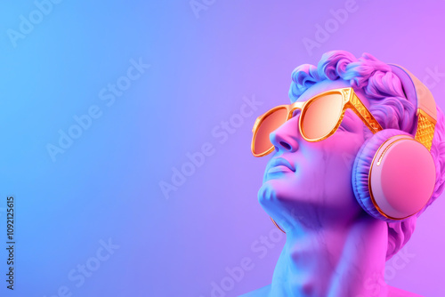 Statue with headphones and sunglasses on colorful background photo