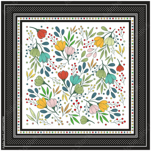 Square Flower Print Scarf, Decorative Colorful Flower background, Hand Drawn Floral Seamless Pattern in Vintage Style, Hand Painting Print with Abstract Flowers, Leaves and Plants