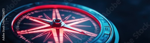 Business plan of market execution concept. Close-up of a compass with glowing red accents against a dark background. photo