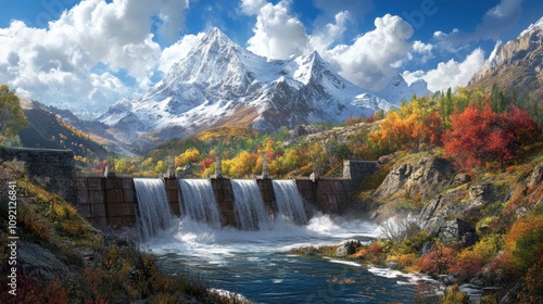 A dramatic depiction of water rushing through a dams turbines, surrounded by rugged mountains and vibrant greenery.