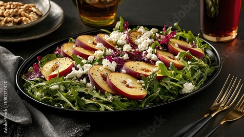 A vibrant salad featuring sliced apples, arugula, and goat cheese, beautifully arranged on a black plate, accompanied by drinks.