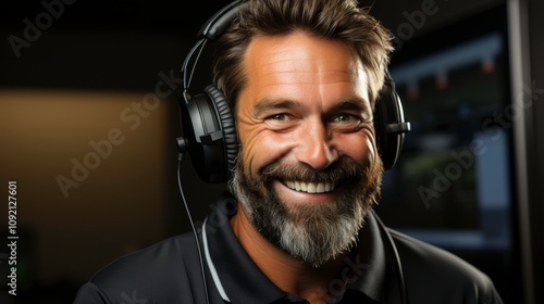 Smiling man with headphones in a relaxed setting, showcasing a cheerful personality and modern technology, ideal for themes of music, leisure, and connection.