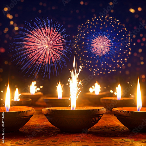 fireworks in the night. poster design for celebrating new year or Diwali with burning candles and decoration. photo