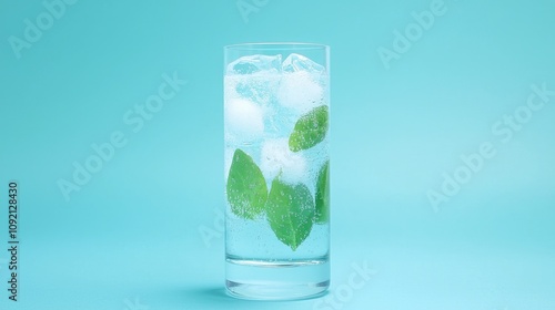 Wallpaper Mural A refreshing glass of sparkling water with mint leaves and ice cubes against a vibrant turquoise background. Torontodigital.ca