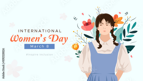 March 8, Commemorating international women's day, March 8. Inspirational inclusion. The design features an illustration of a woman with flowers behind her and abstract ornaments. women's day photo