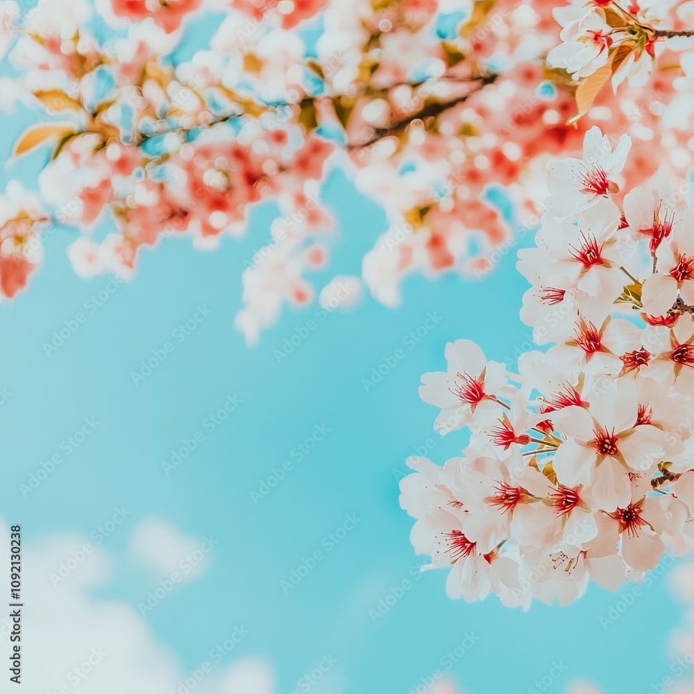 Delicate cherry blossoms against a bright blue sky, evoking spring beauty. Delicate cherry blossoms against a bright blue sky, evoking spring beauty.