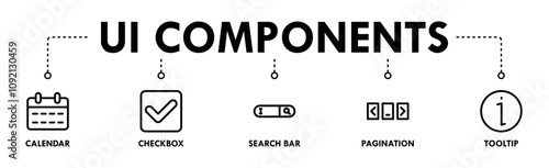 UI Components banner web icon illustration concept with icon of calendar, checkbox, search bar, pagination, and tooltip