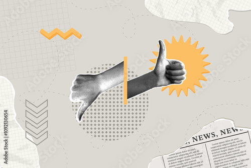 Contemporary halftone collage. Quality concept, rating,reviews. Hands with thumbs up and thumbs down gestures. Modern business collage for design