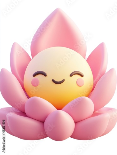Smiling Lotus Flower 3D Model: Pink Petals, Yellow Center, Joyful Expression, Cute Design, Happy Bloom, Digital Art, Adorable Character, Peaceful Image, 3D Render,  Floral Illustration