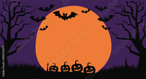 Halloween banner, poster with black bats on the orange background. Template vector Illustration for text. Halloween background with swarm of bats on orange sky. Pattern, background of halloween bat.