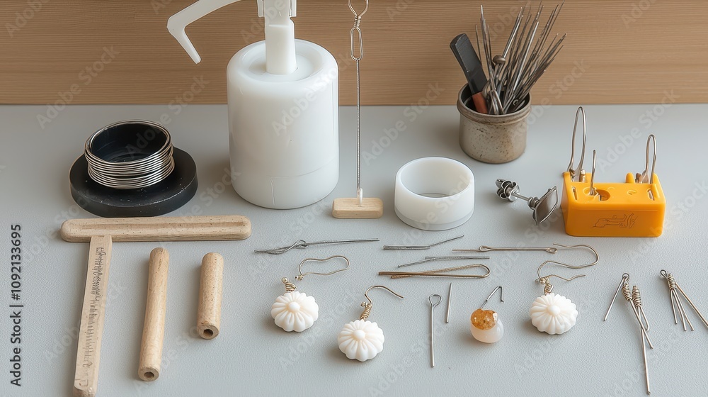 Collection of Unique Jewelry-Making Tools and Materials Arranged Neatly on a Crafting Table for Creative DIY Projects and Artistic Expressions Collection of Unique Jewelry-Making Tools and Materials Arranged Neatly on a Crafting Table for Creative DIY Projects and Artistic Expressions