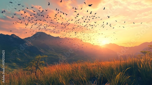 A flock of birds flying in formation against a vibrant sunset sky over a mountain range.