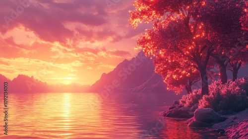 A vibrant sunset casts a warm glow over a tranquil lake, silhouetted by trees and mountains.