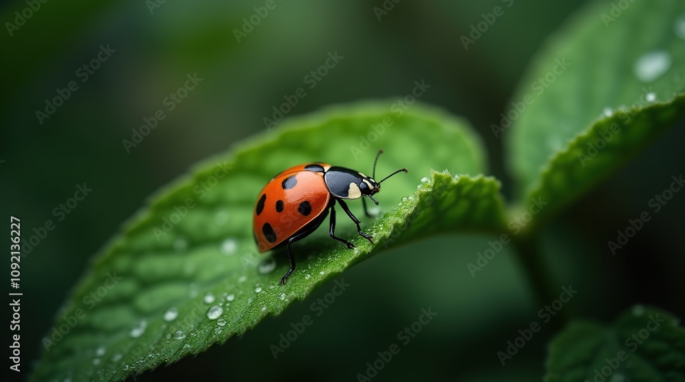 Fototapeta premium Close-Up of Ladybug on Leaf in Green Natural Background