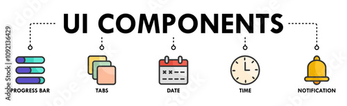 UI Components banner web icon illustration concept with icon of progress bar, tabs, date, time, and notification