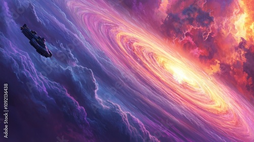 A futuristic spaceship flies past a swirling galaxy with vibrant colors in a cloudy sky. photo