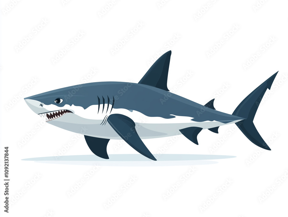 Fototapeta premium Illustration of a large blue and white shark is swimming in the ocean. Isolated on white background. 