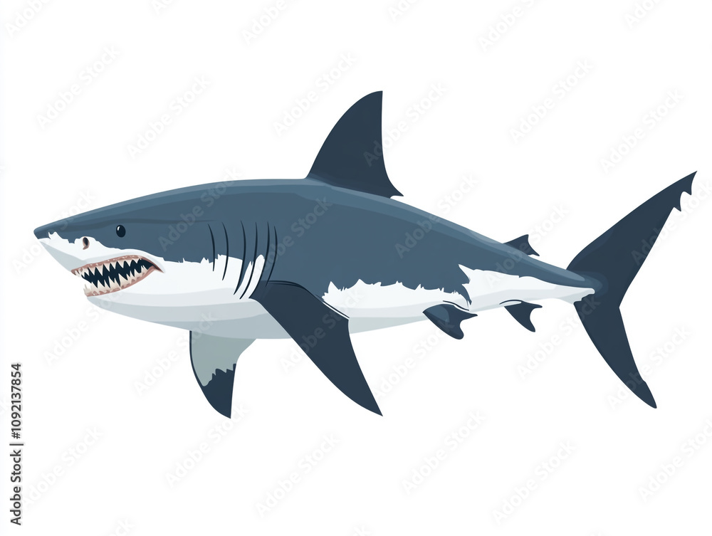Fototapeta premium Illustration of a large blue and white shark is swimming in the ocean. Isolated on white background.