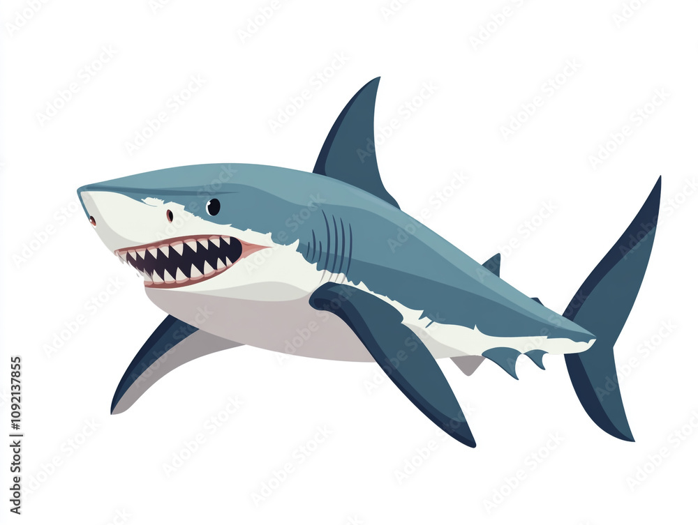 Obraz premium Illustration of a large blue and white shark is swimming in the ocean. Isolated on white background. 