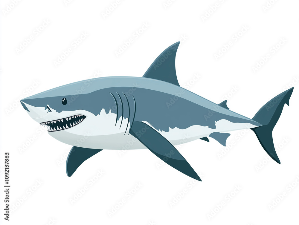 Obraz premium Illustration of a large blue and white shark is swimming in the ocean. Isolated on white background.