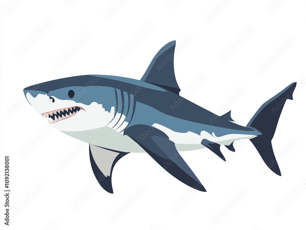 Fototapeta premium Illustration of a large blue and white shark is swimming in the ocean. Isolated on white background.