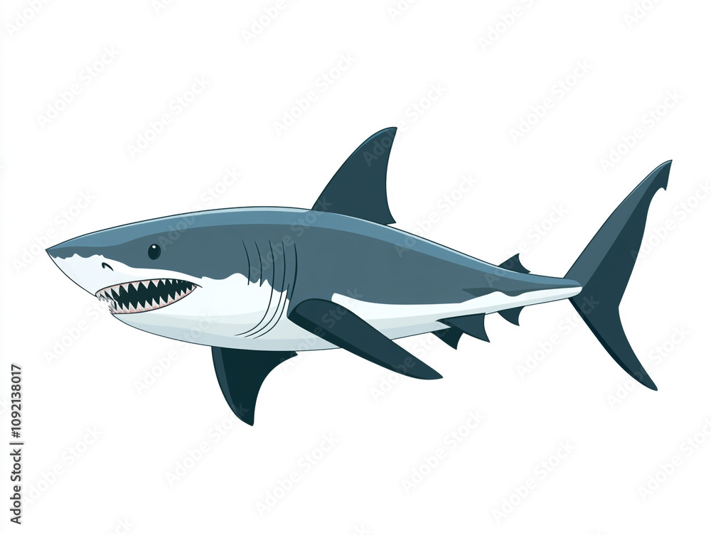 Obraz premium Illustration of a large blue and white shark is swimming in the ocean. Isolated on white background. 
