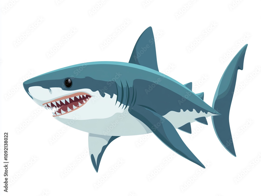 Fototapeta premium Illustration of a large blue and white shark is swimming in the ocean. Isolated on white background. 