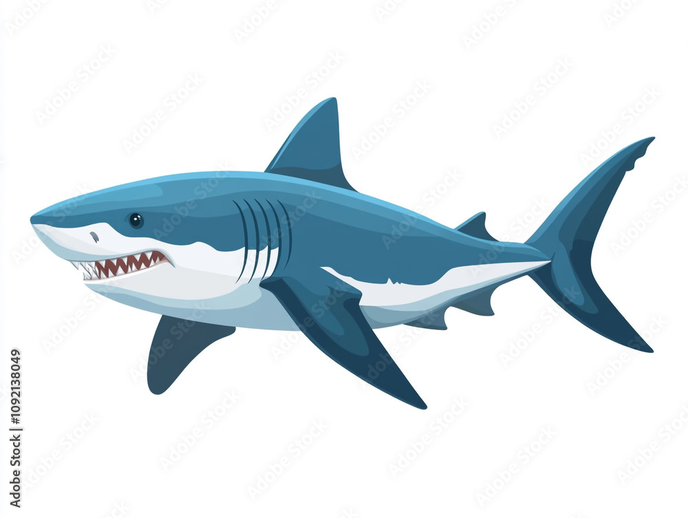 Obraz premium Illustration of a large blue and white shark is swimming in the ocean. Isolated on white background. 