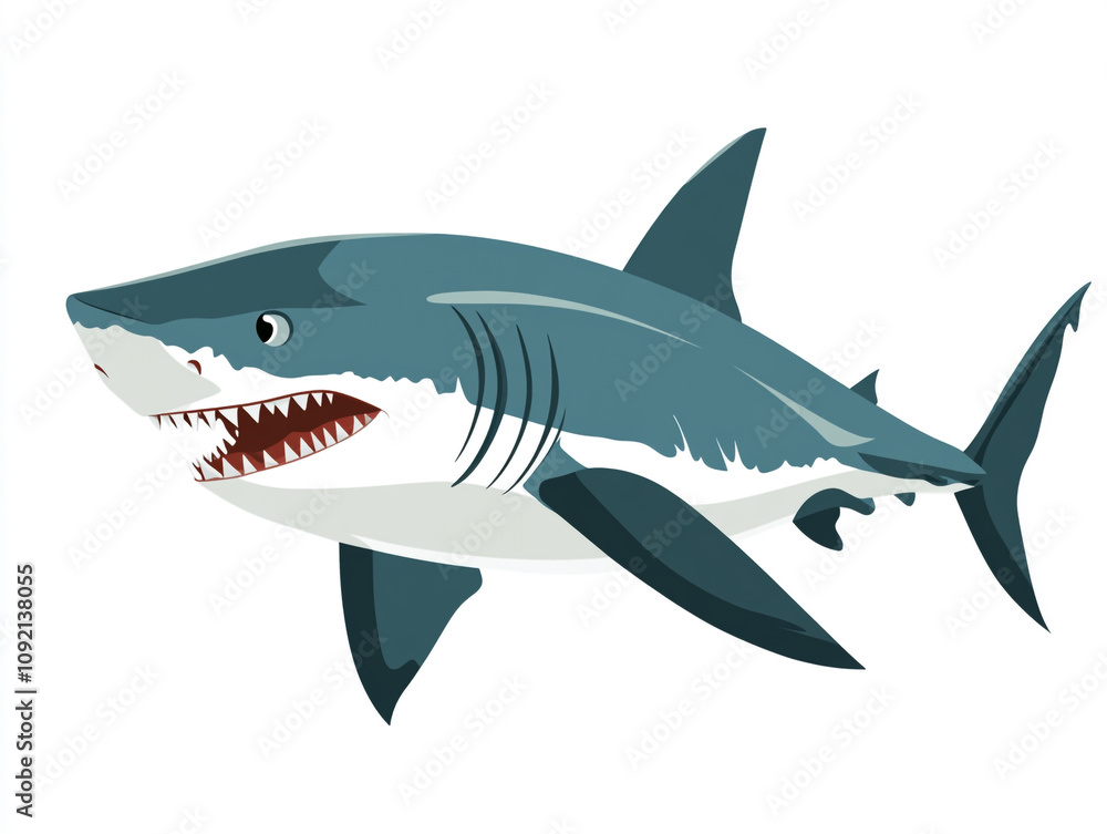 Obraz premium Illustration of a large blue and white shark is swimming in the ocean. Isolated on white background. 